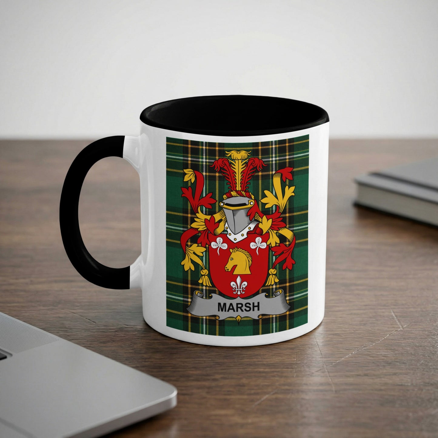 White mug with black rim displaying a family crest with "MARSH" text.