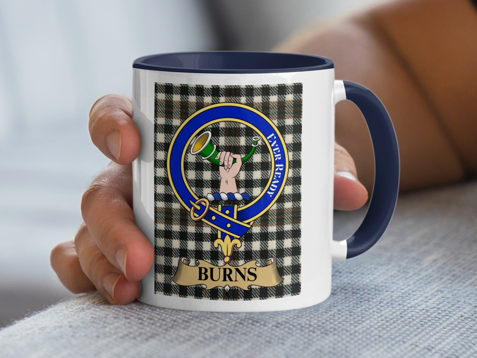 Burns clan crest mug with Ever Ready motto — tartan background, 11oz ceramic