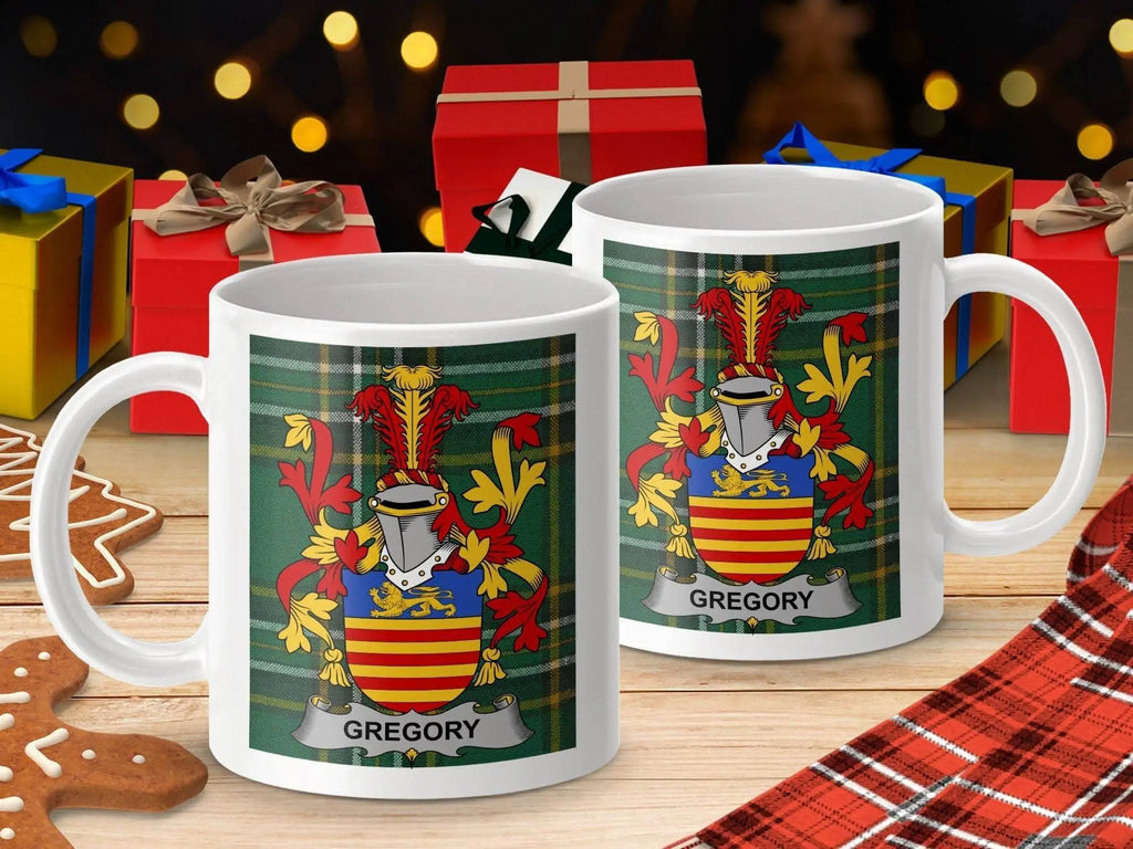 Gregory Surname Family Crest Irish Tartan Mug - Celtic Ancestry Gifts