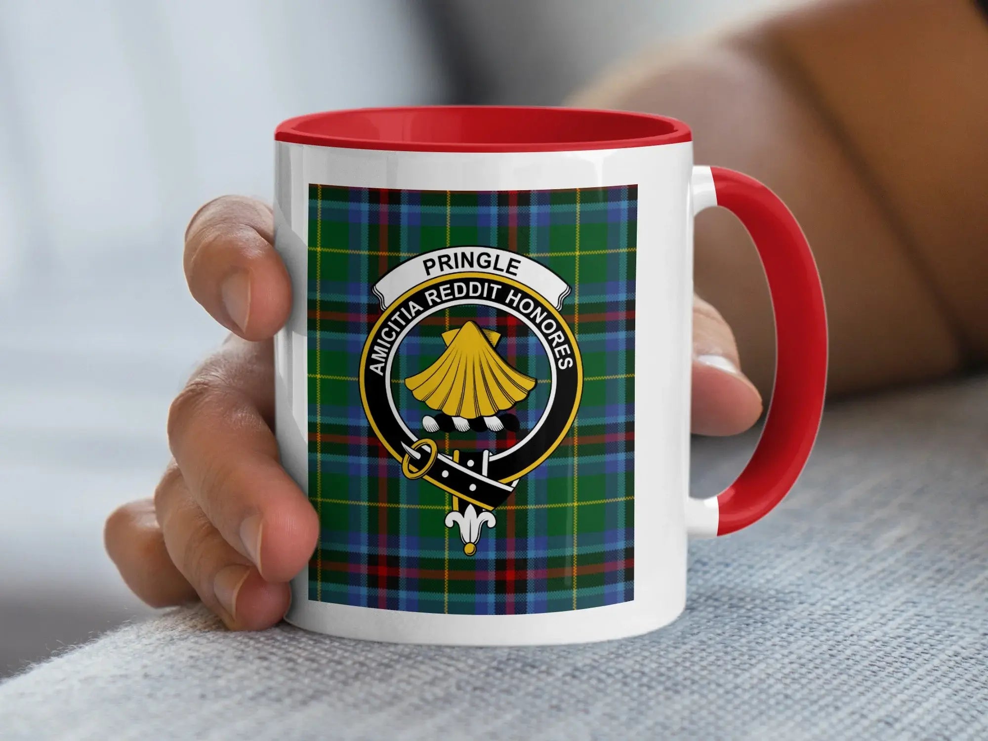 Clan Pringle tartan plaid design mug — 15 oz with black handle, Amicitia Reddit Honores