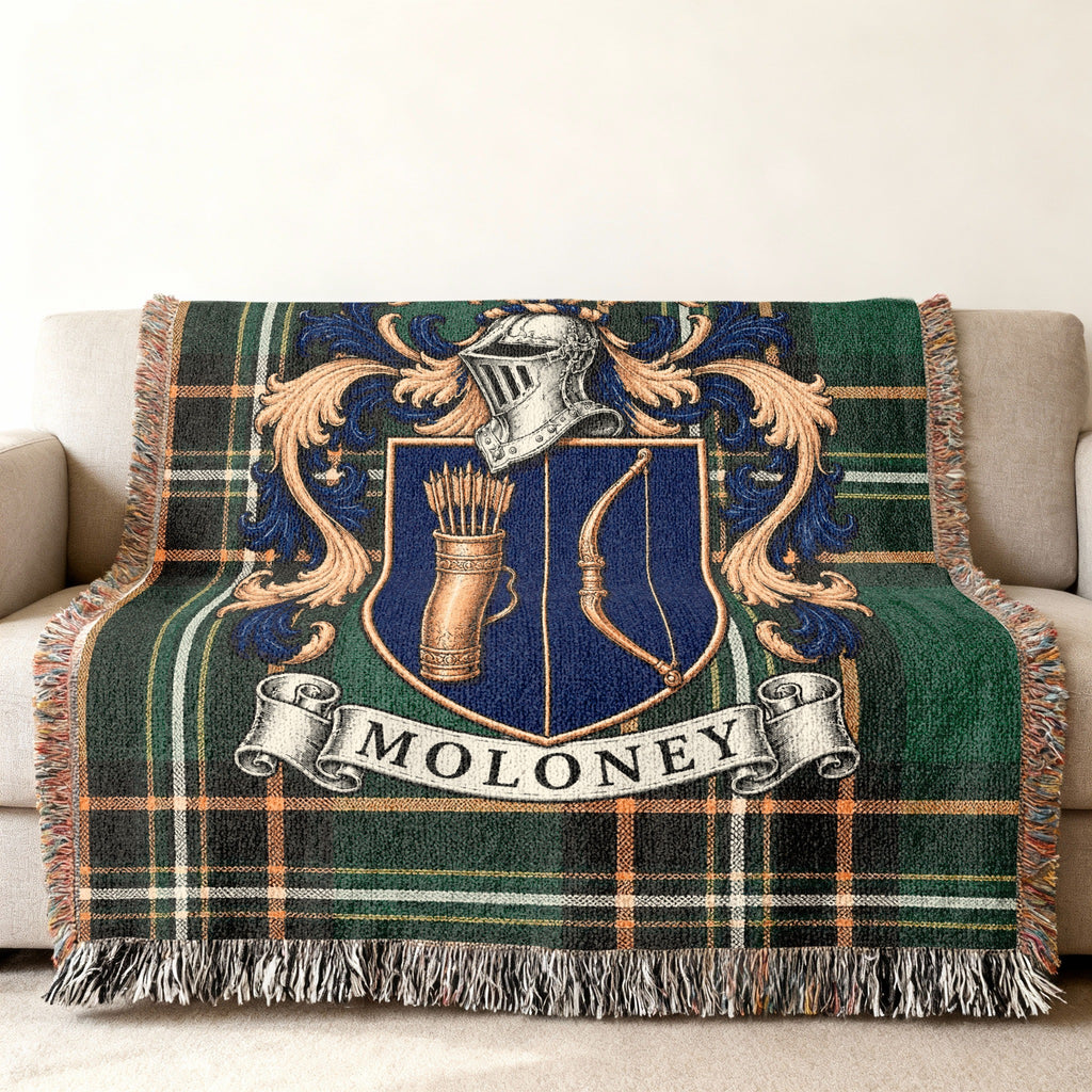 Moloney family crest on Irish National Tartan woven blanket, detailed heritage design