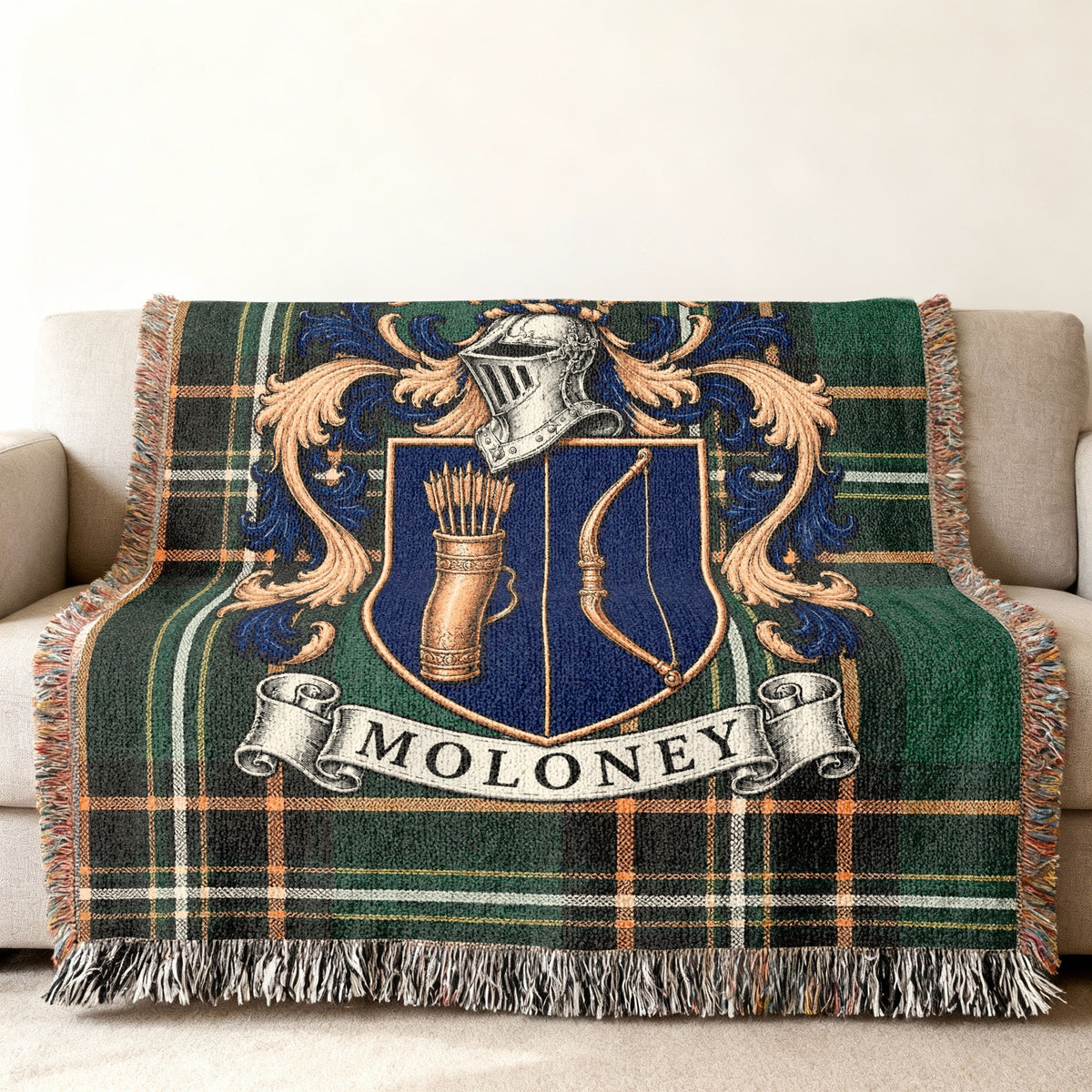 Moloney family crest on Irish National Tartan woven blanket, detailed heritage design
