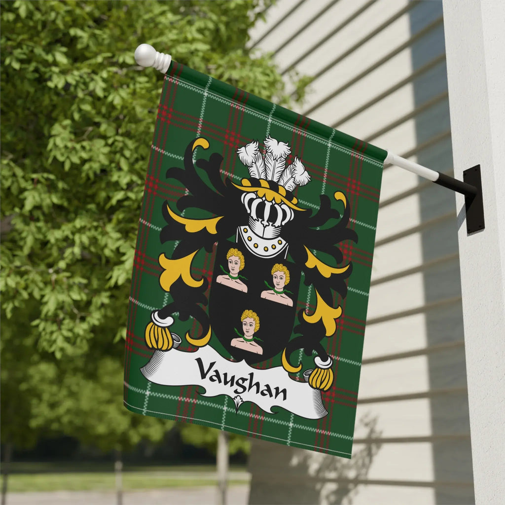 Green tartan flag displaying the Vaughan family crest with white text.