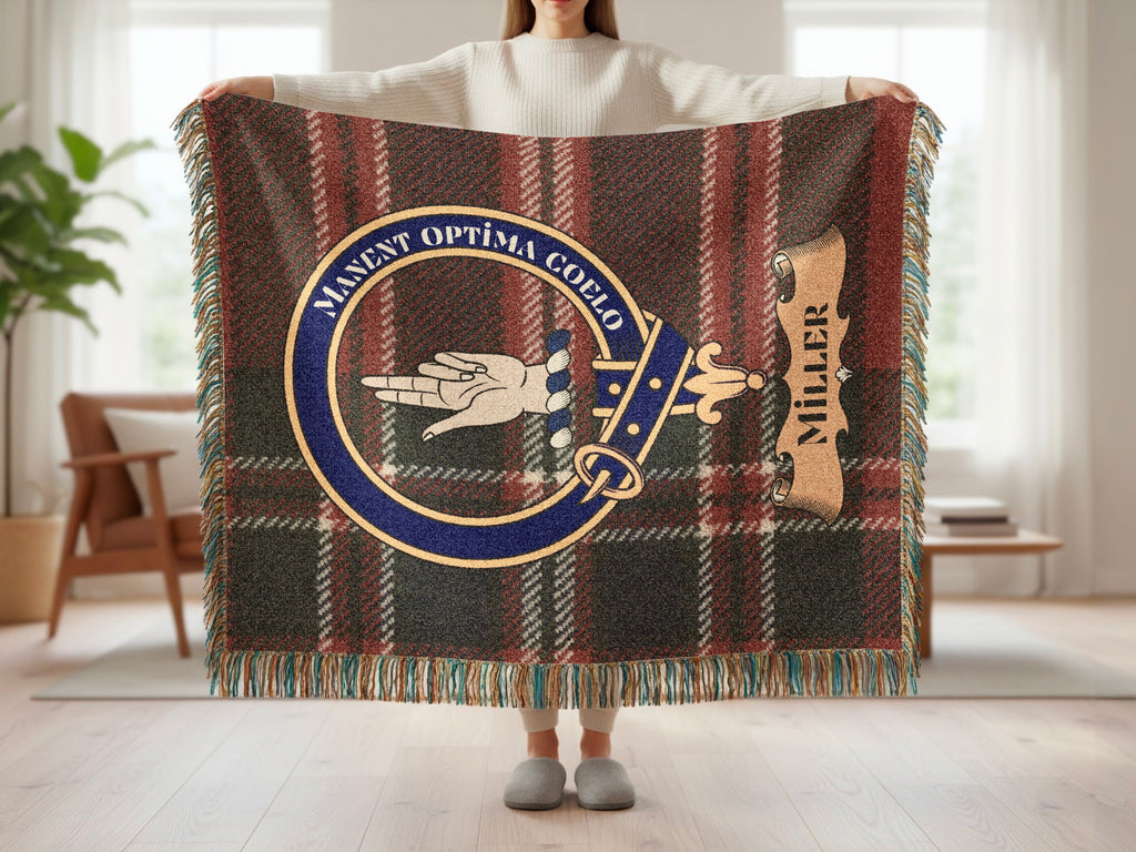 Miller clan crest with Manent Optima Coelo motto on tartan woven blanket