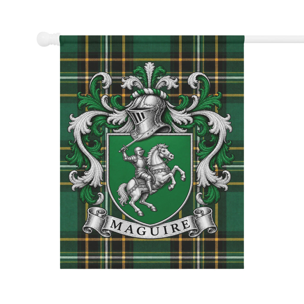 Maguire family crest flag with Irish National Tartan design