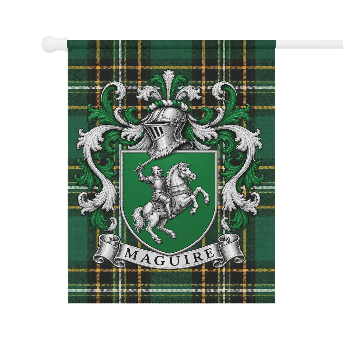 Maguire family crest flag with Irish National Tartan design