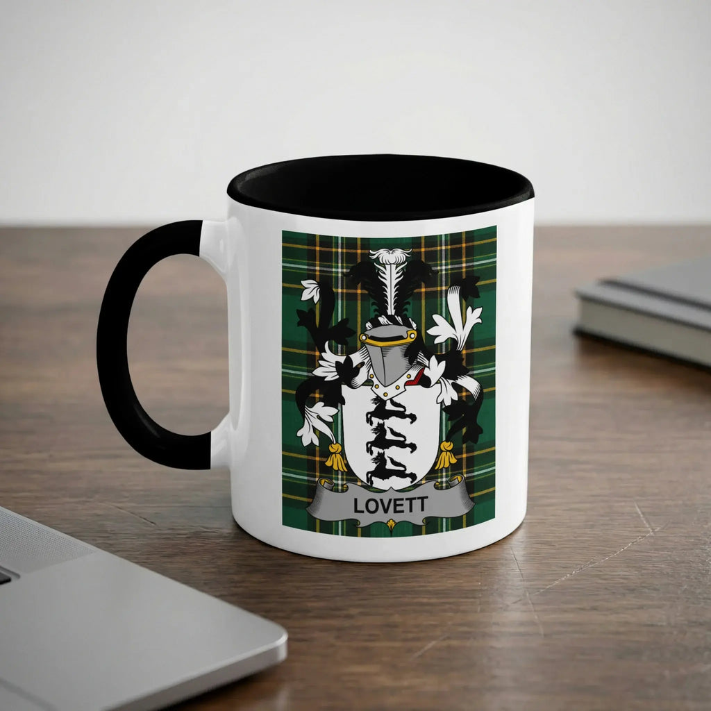 Lovett Irish heritage mug with black handle and family crest