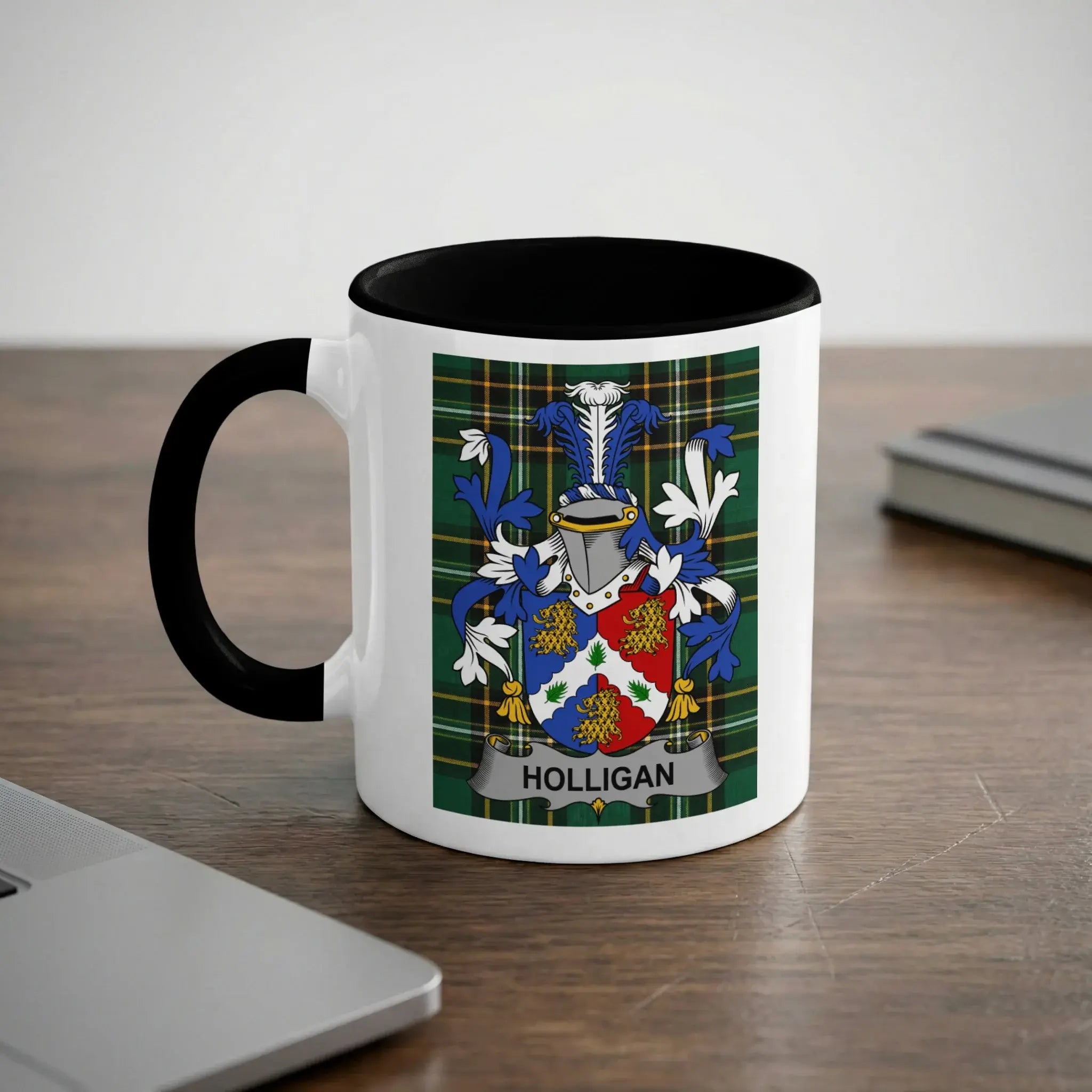 Mug with black rim, featuring the Hollogan family crest.