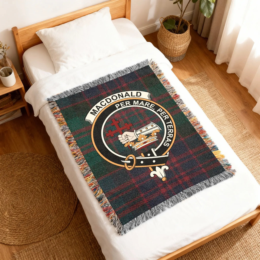 MacDonald Per Mare Per Terras plaid pattern woven blanket — clan crest at centre