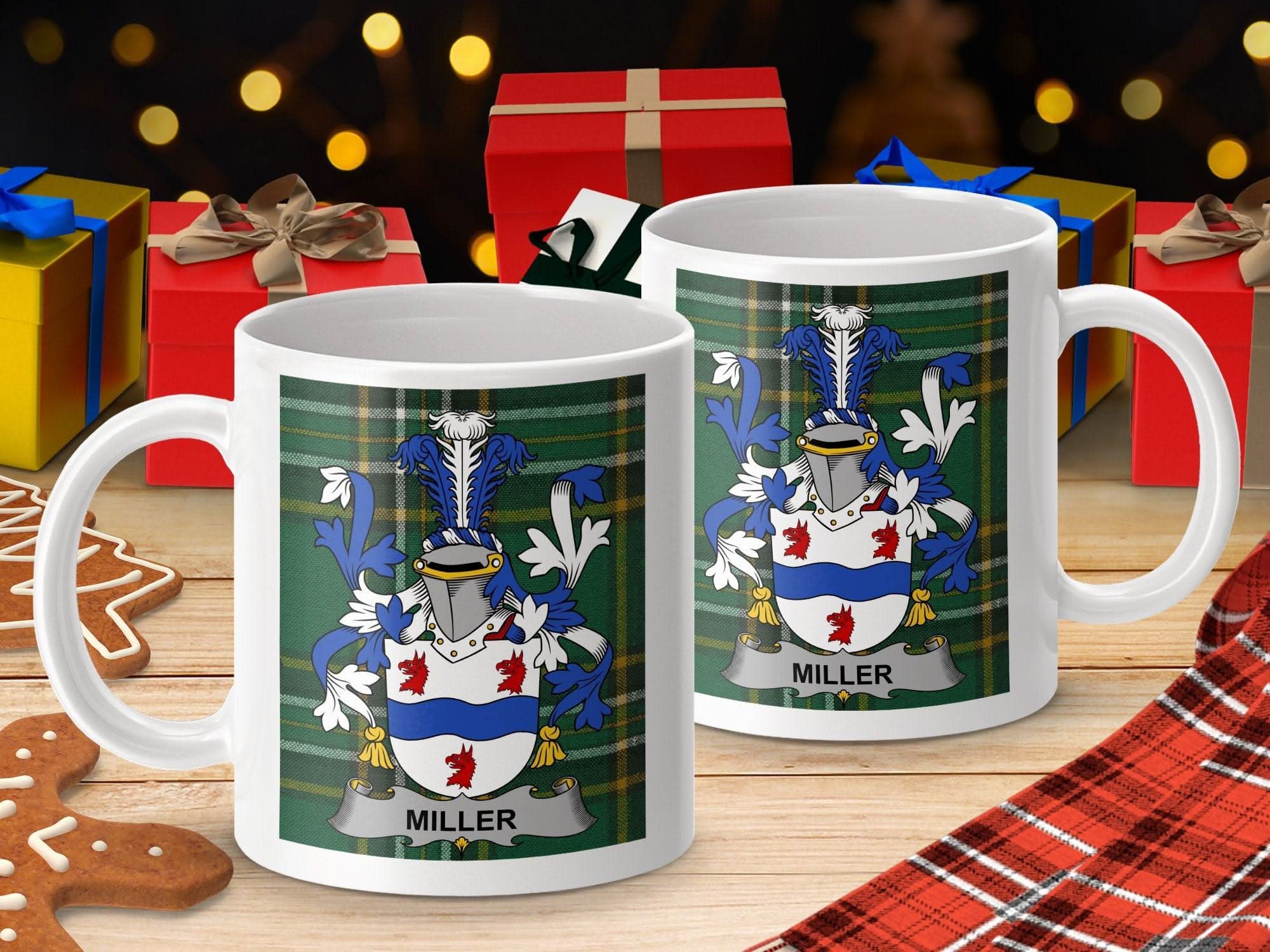 Miller Surname Family Crest on Irish Tartan Mug - Celtic Ancestry Gifts