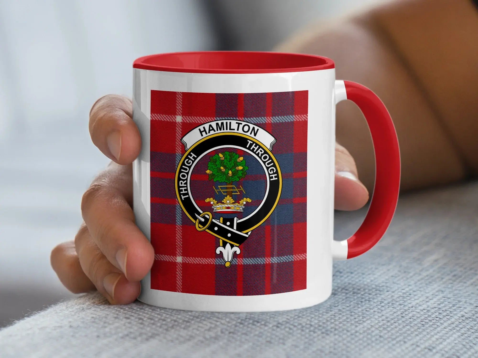 Hamilton Through plaid design mug 15oz — glossy white ceramic with black handle