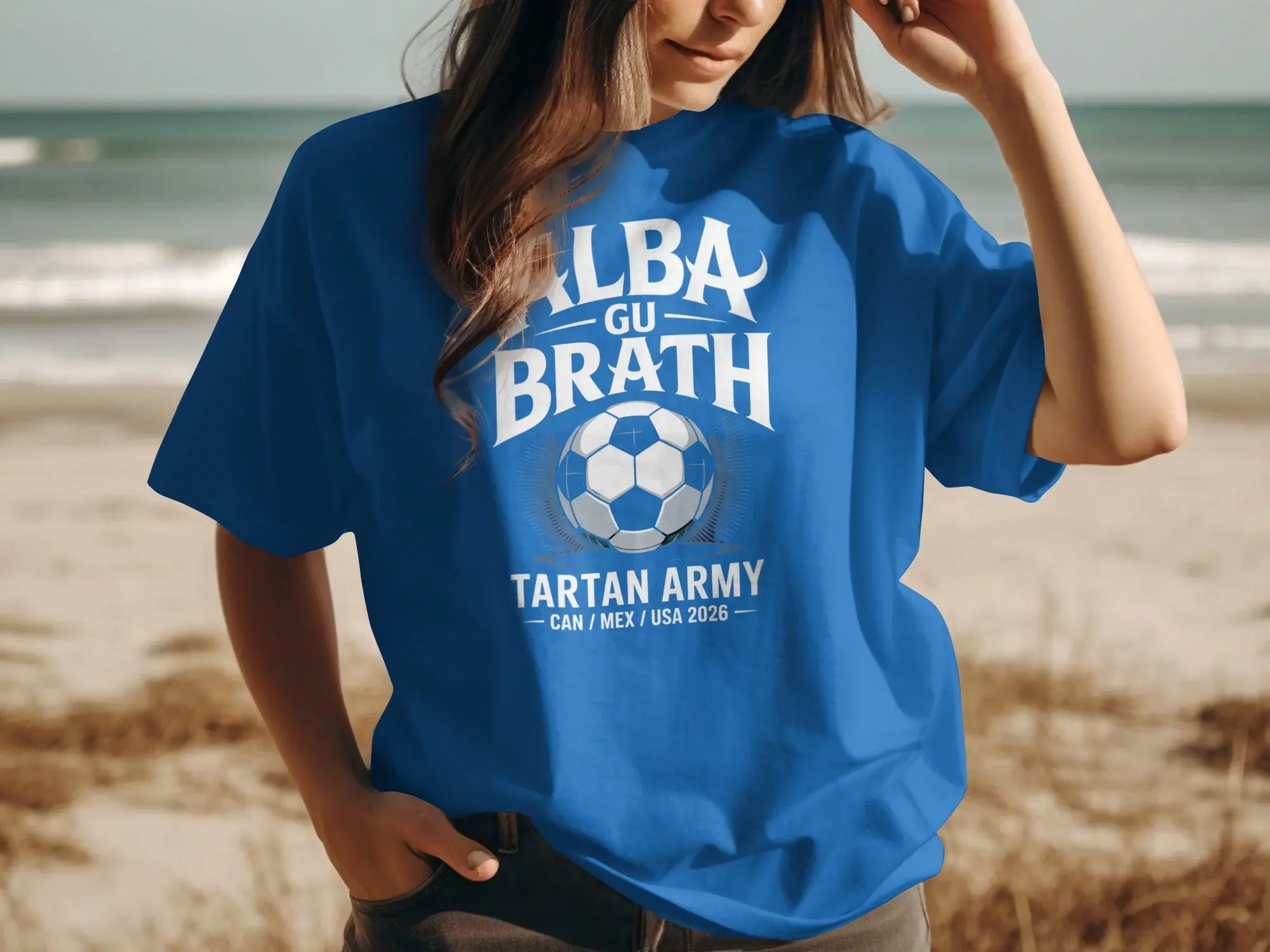 Blue t-shirt with "ALBA GU BRATH" and a soccer ball, "TARTAN ARMY".