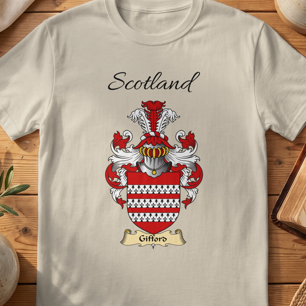 Sand Gifford Scottish family shield T-shirt featuring a red horizontal bands alternating with a black-and-white pattern