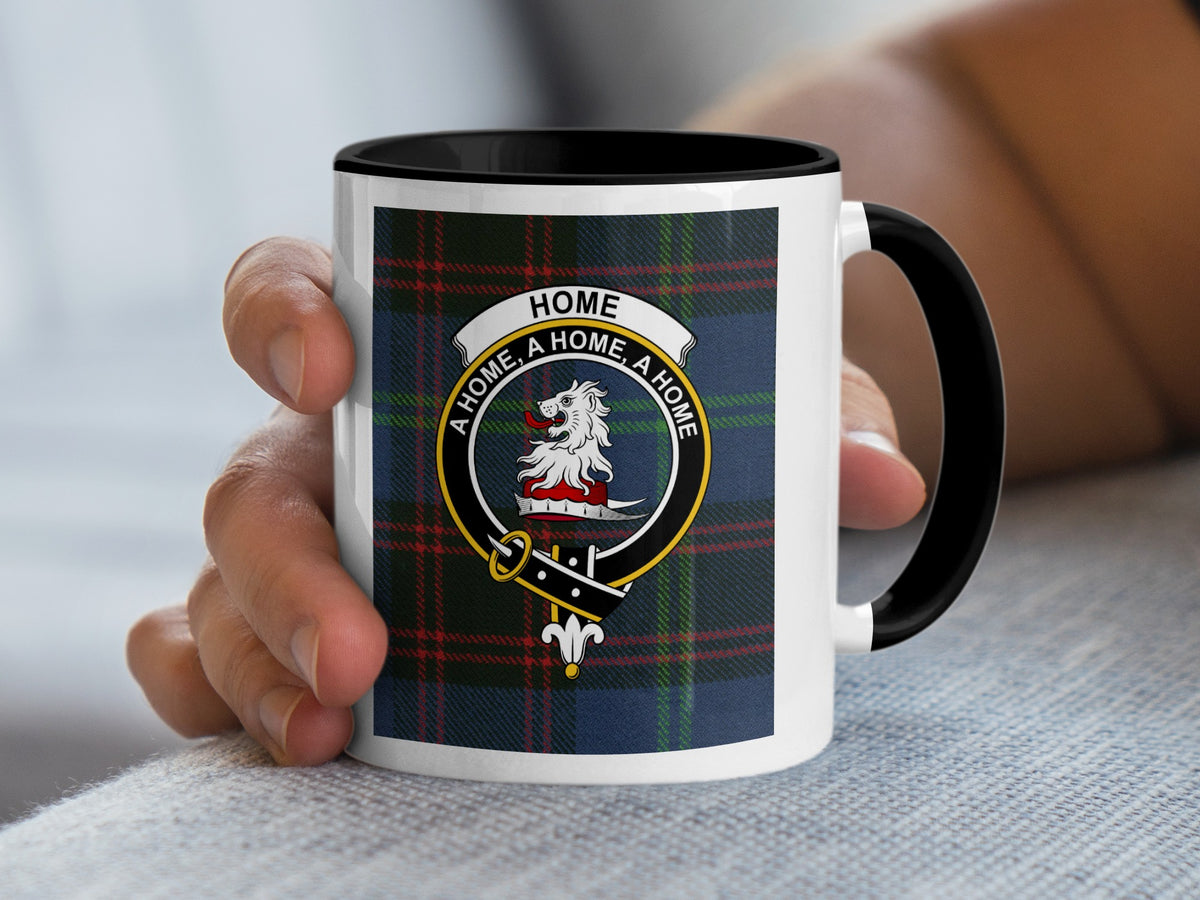 Home Scottish clan crest artwork on an 11 oz black accent mug with a tartan background