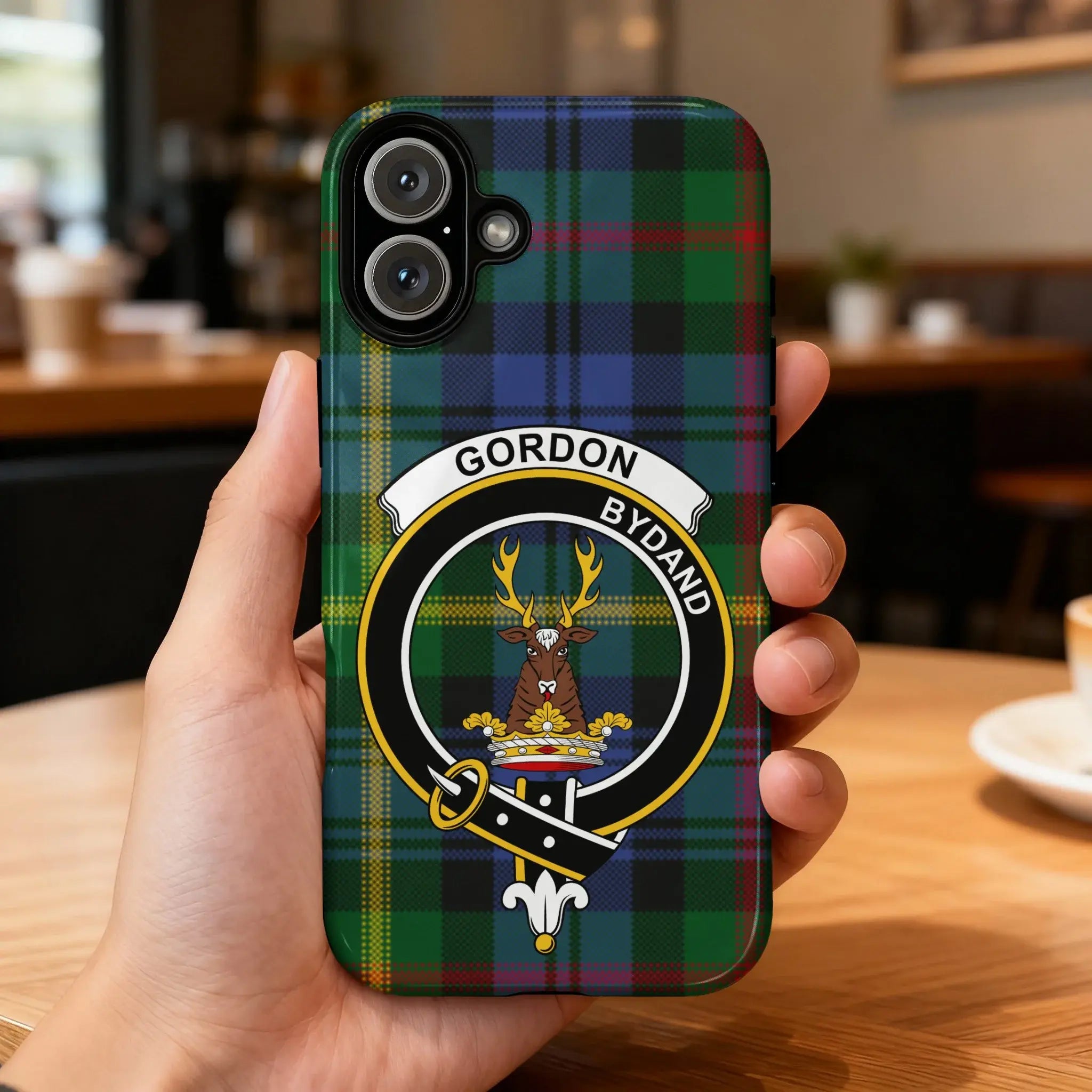Clan Gordon tartan phone case for iPhone — glossy 3D wrap print with Gordon crest and Scottish plaid