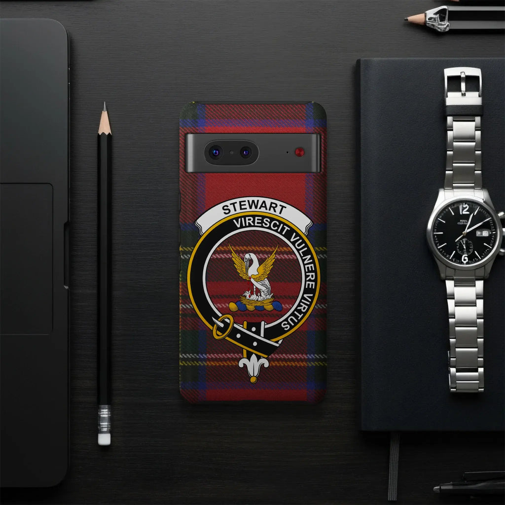 Clan Stewart crest on tartan phone case — virescit vulnere virtus, glossy surface