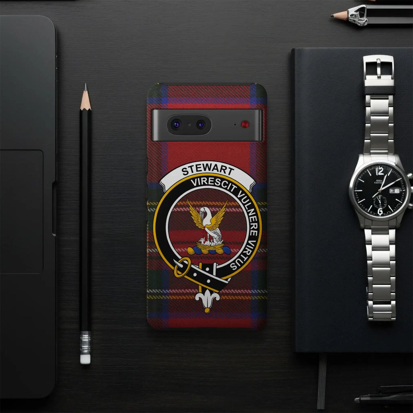 Stewart Crest on Tartan Phone Case Virescit Vulnere Virtus