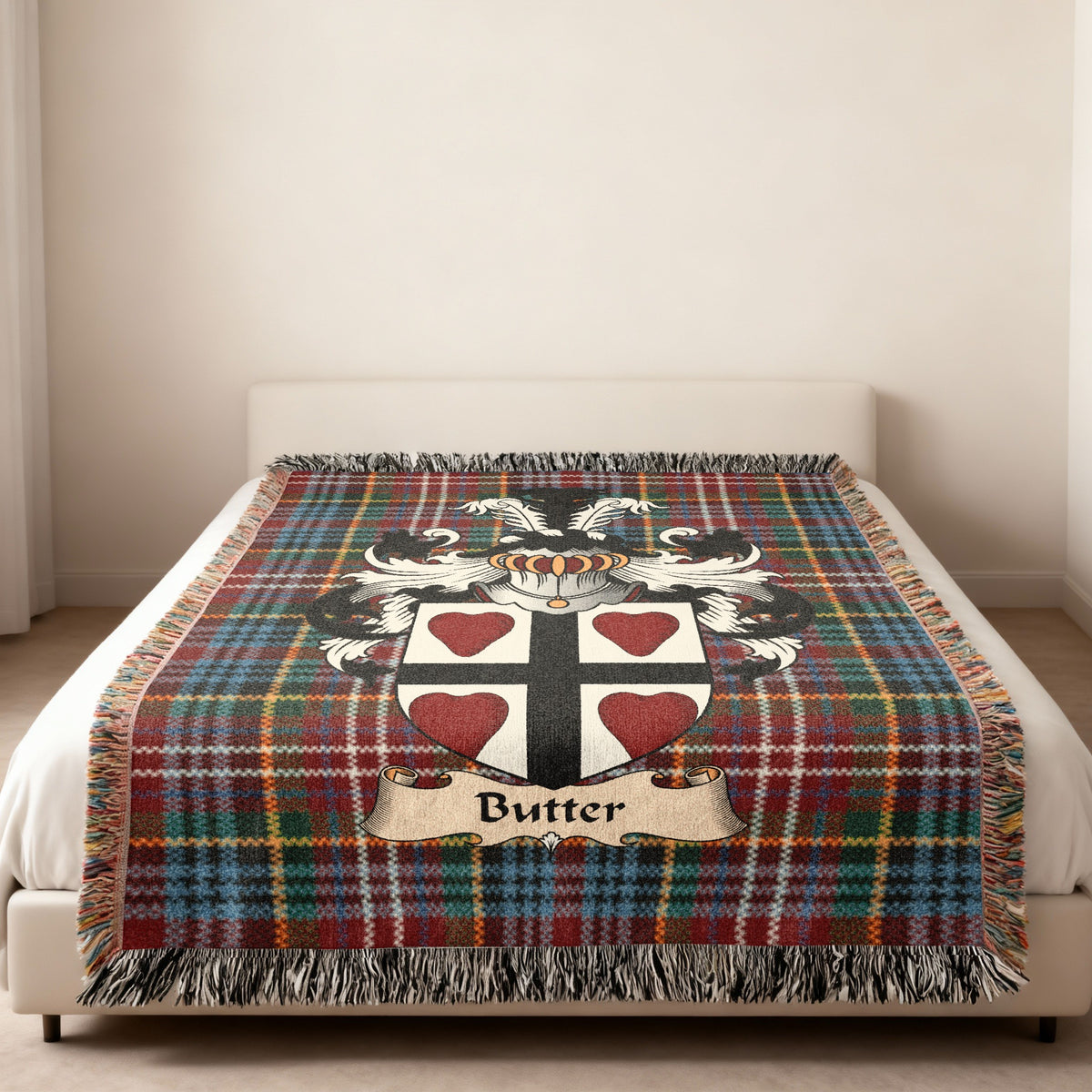 Butter Caledonia tartan heritage woven throw blanket with family shield