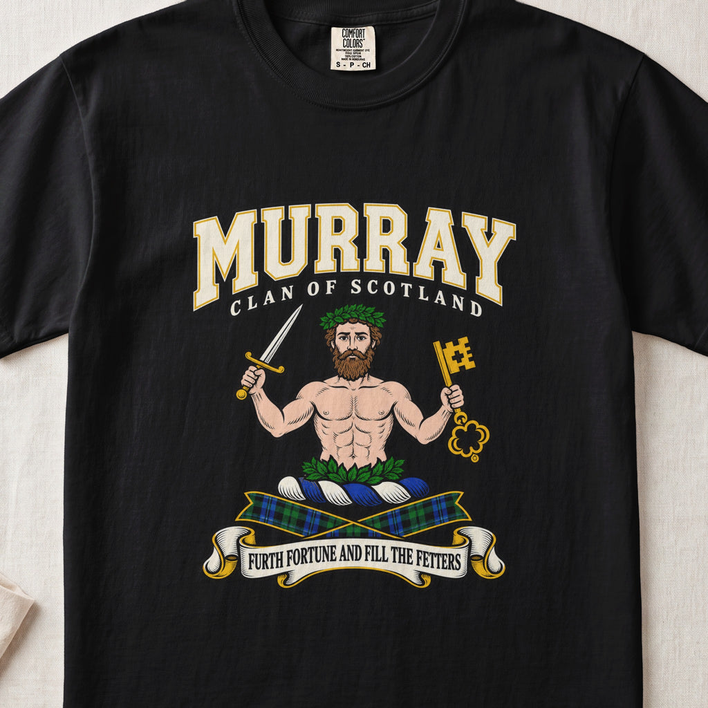 Murray of Athole graphic T-shirt in Black, front flat lay showing varsity lettering and bearded bare-chested man wearing green leaves and holding a sword and large gold key.