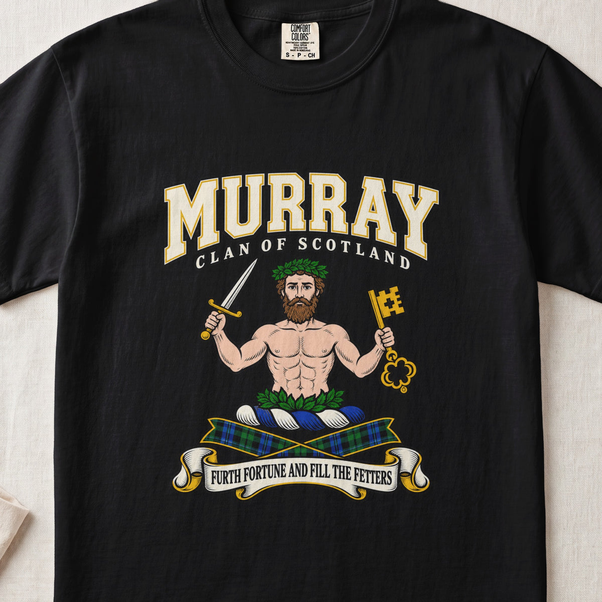Murray of Athole graphic T-shirt in Black, front flat lay showing varsity lettering and bearded bare-chested man wearing green leaves and holding a sword and large gold key.