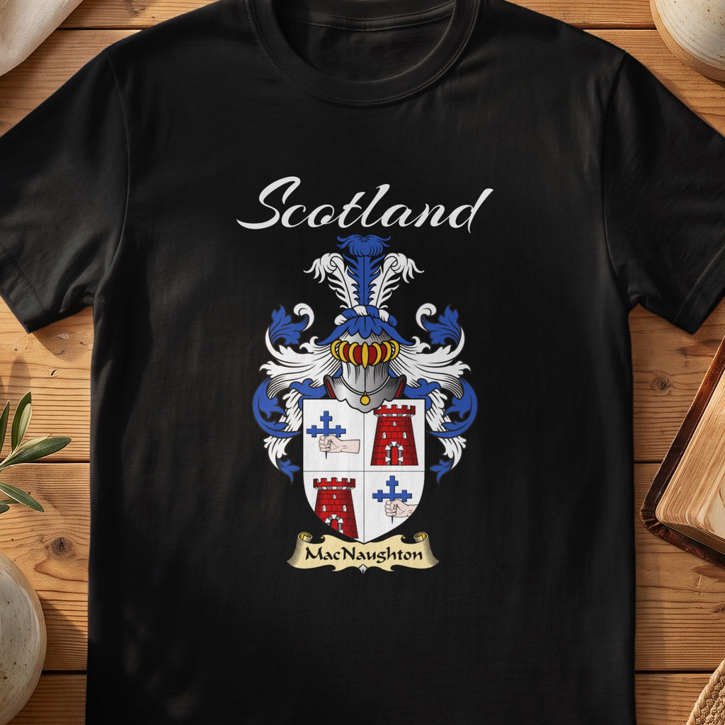 Black MacNaughton Scottish T-shirt featuring a quartered shield with red towers and blue crosses
