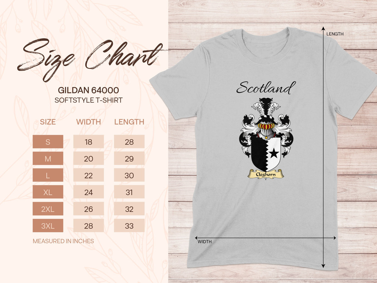 Gildan 64000 size chart for the Cleghorn unisex T-shirt, sizes S to 3XL