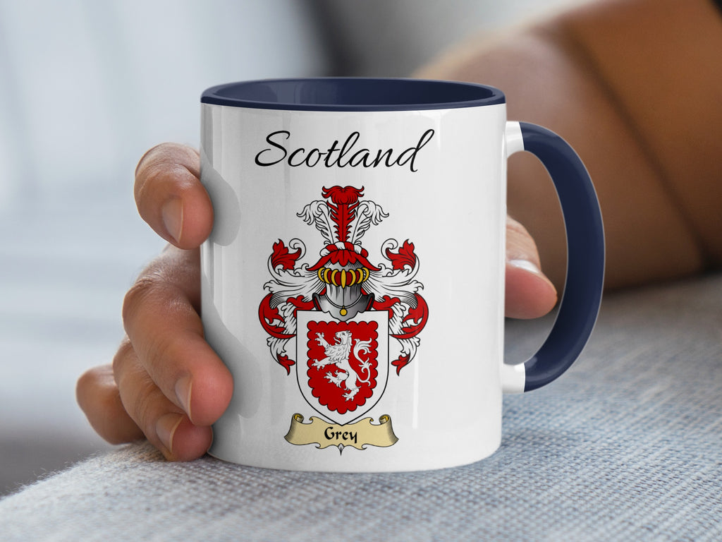 White Grey heritage mug with navy handle and interior, displaying “Scotland” and the colourful family emblem.