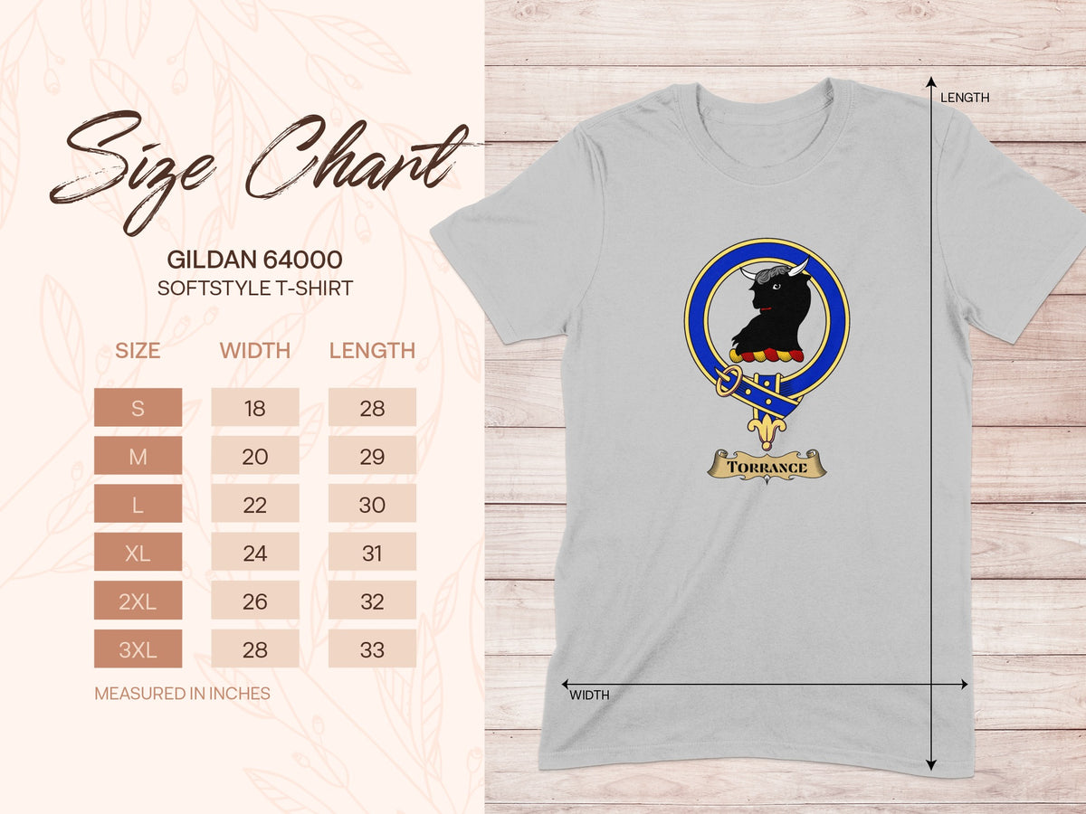 Gildan 64000 size chart for Torrance Scottish clan crest T-shirt