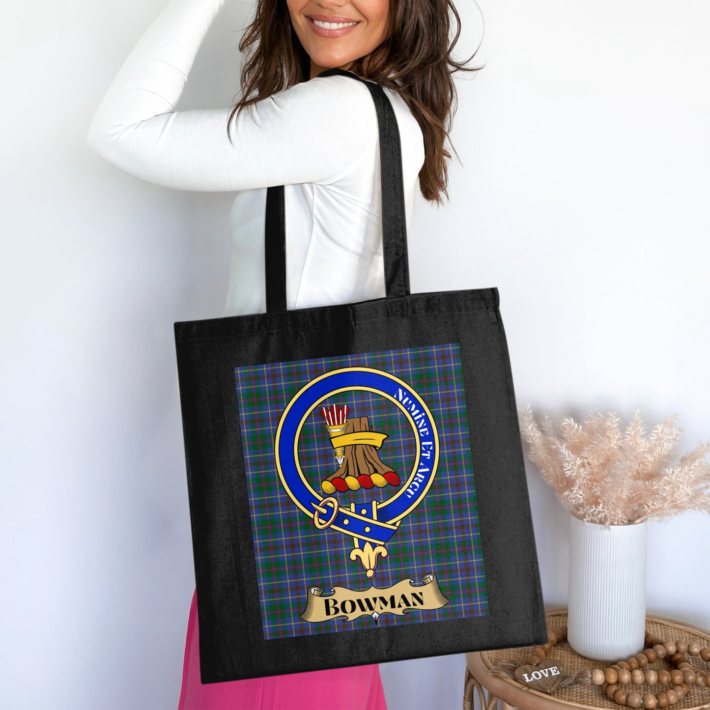 Bowman Clan Crest on Tartan Scottish Tote Bag - Living Stone Gifts