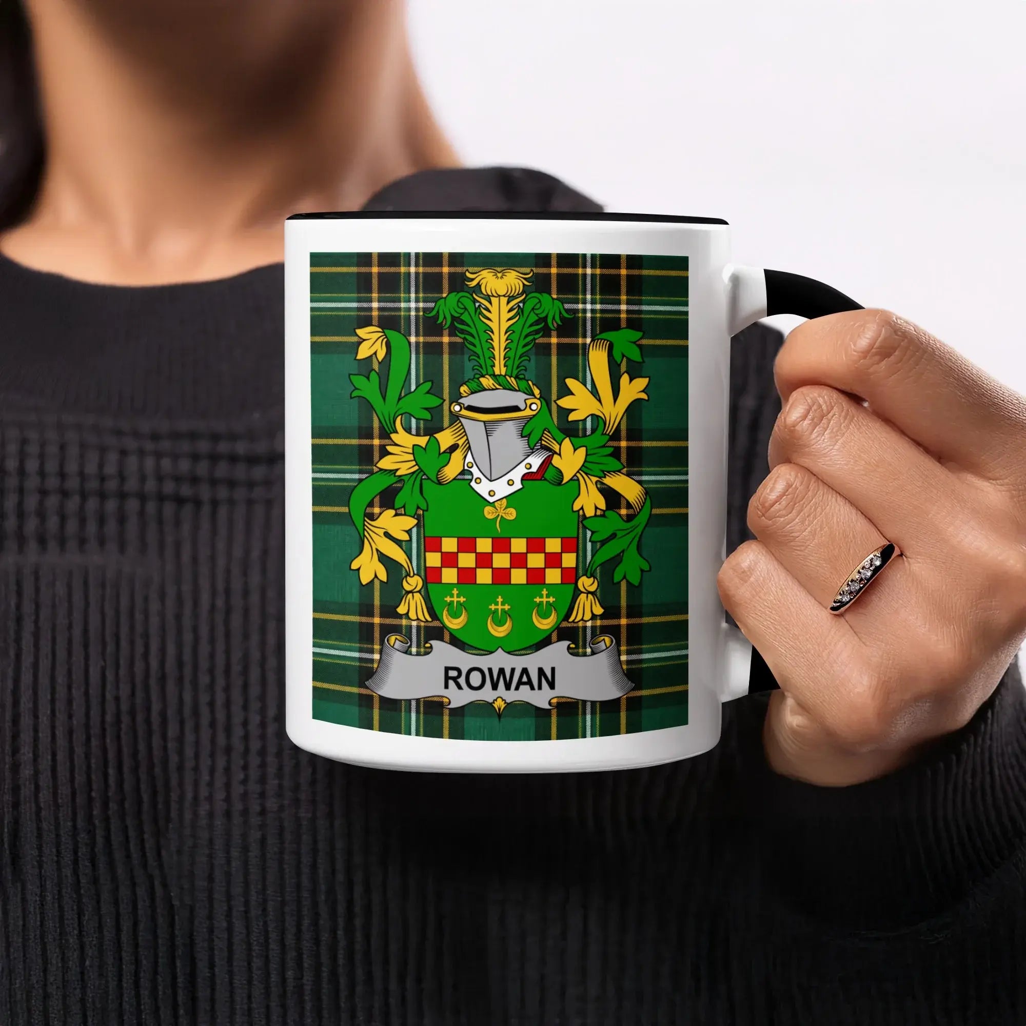 Rowan Irish heritage mug with black interior and family crest