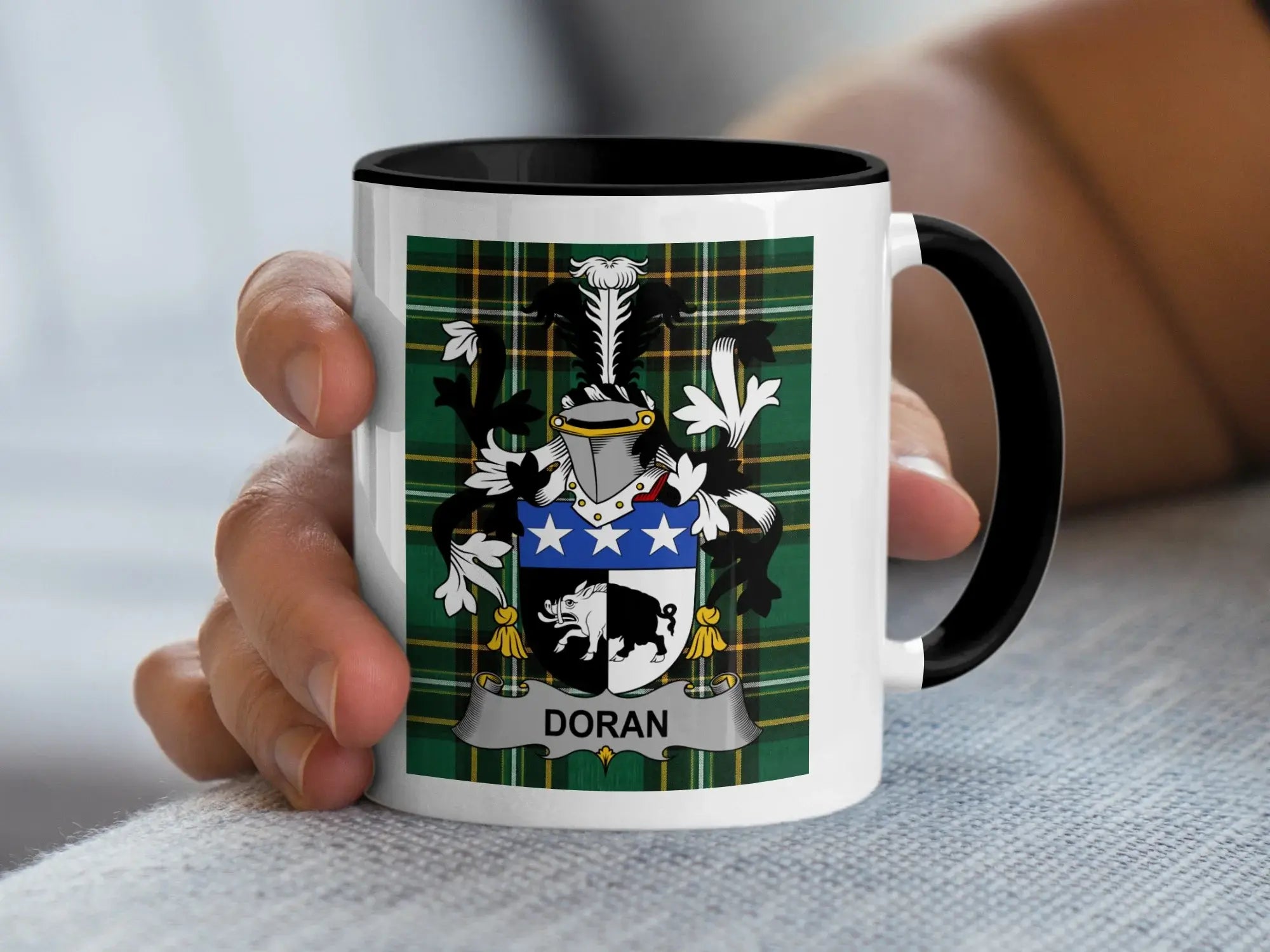 Doran Irish family crest black accent mug