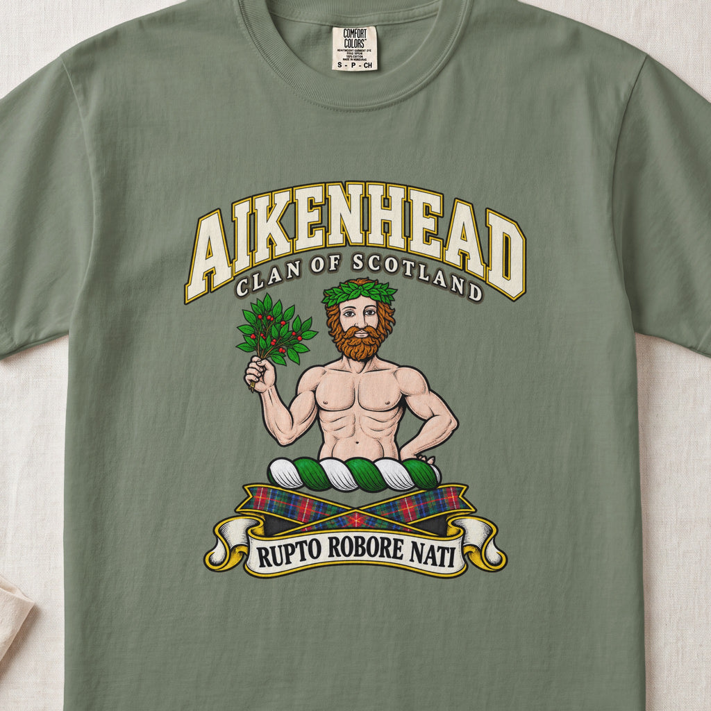 Aikenhead Scottish clan T-shirt in Moss, front view with a bearded figure holding a leafy branch and motto banner.