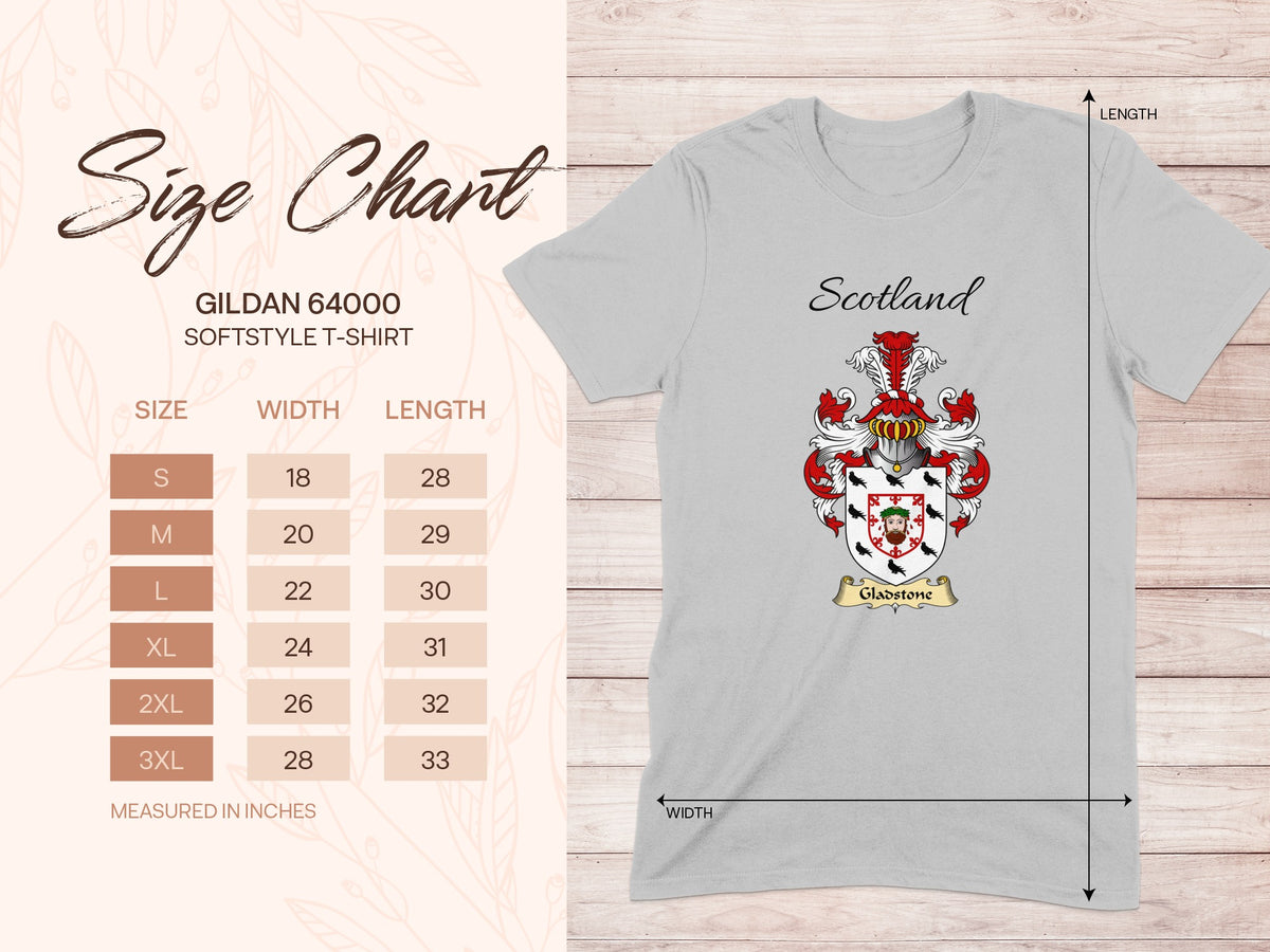 Gildan 64000 size chart for the Gladstone unisex T-shirt, sizes S to 3XL