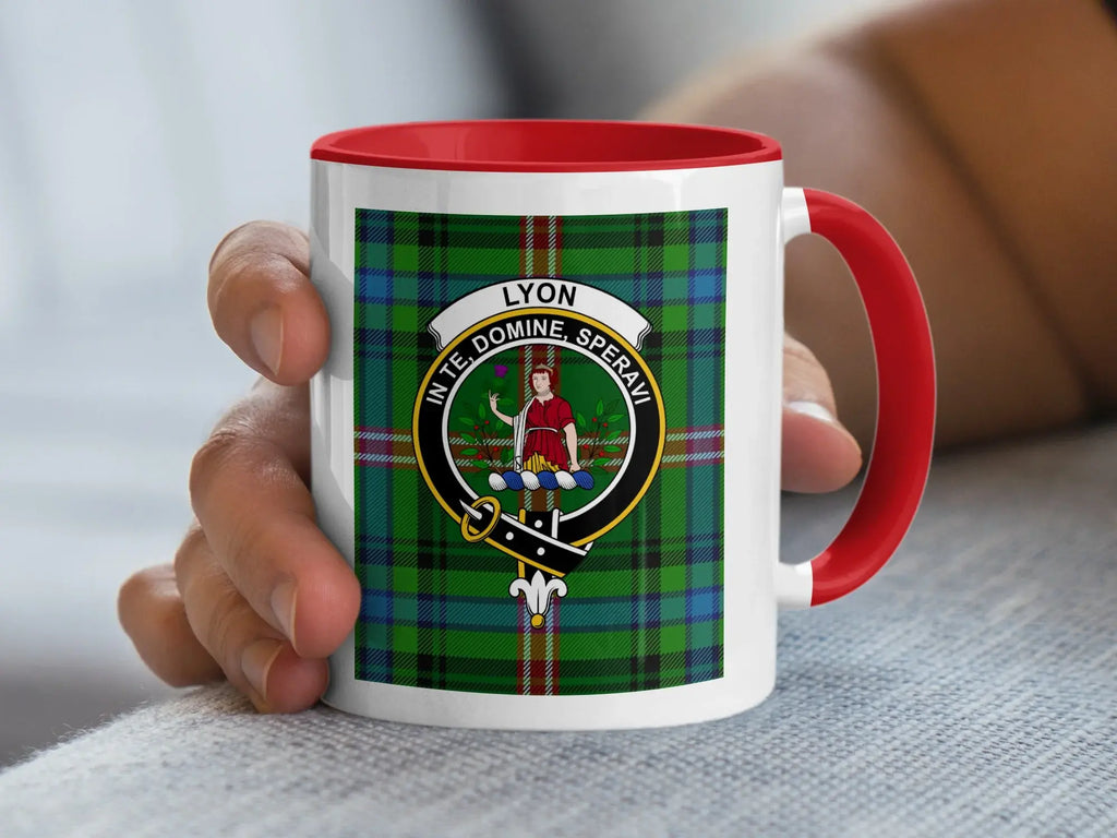 Clan Lyon crest mug — navy handle, 11 oz ceramic with tartan and In Te Domine Speravi print