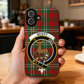 Clan Scott tartan phone case — glossy edge-to-edge deer crest print, iPhone shown