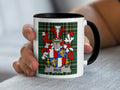 Rice Irish family crest black accent mug on Irish National Tartan