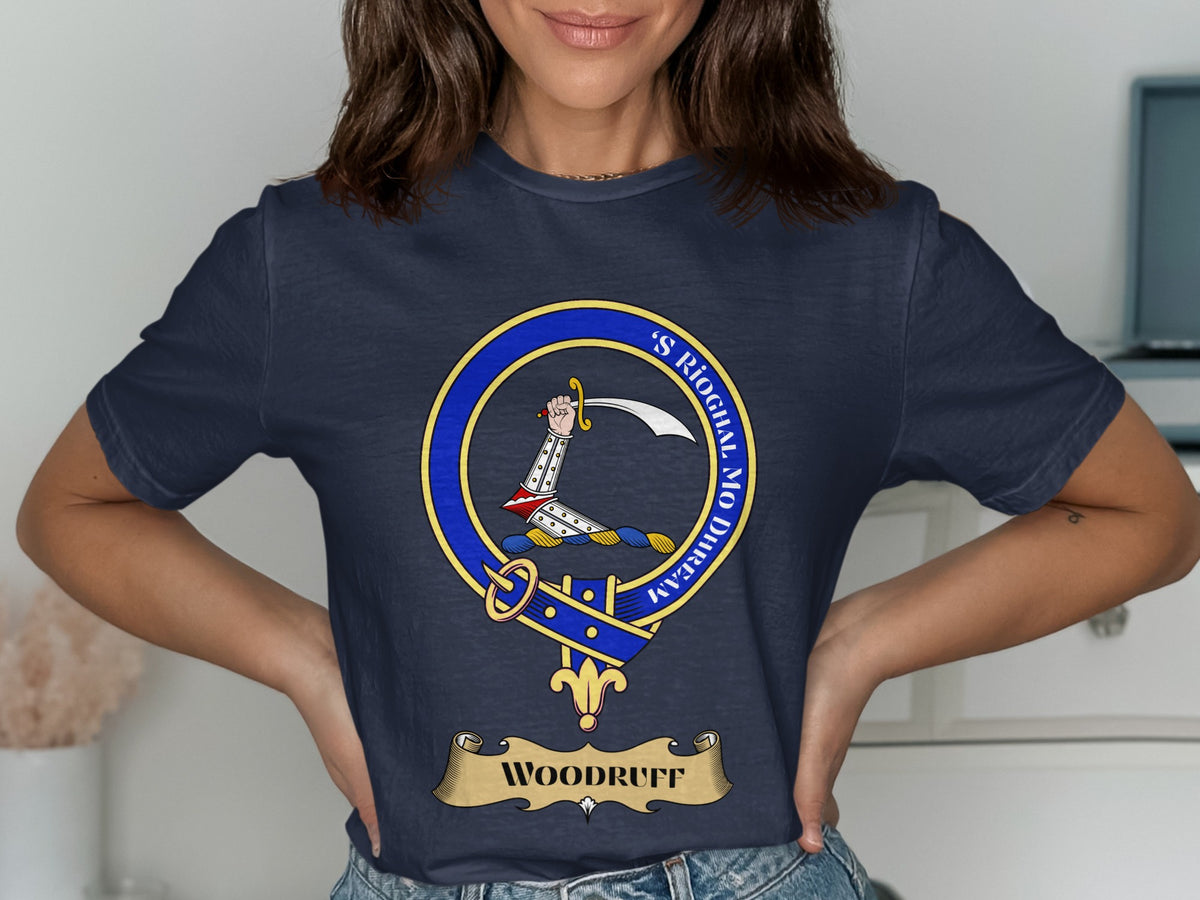 Woodruff Scottish clan crest design on Navy T-shirt