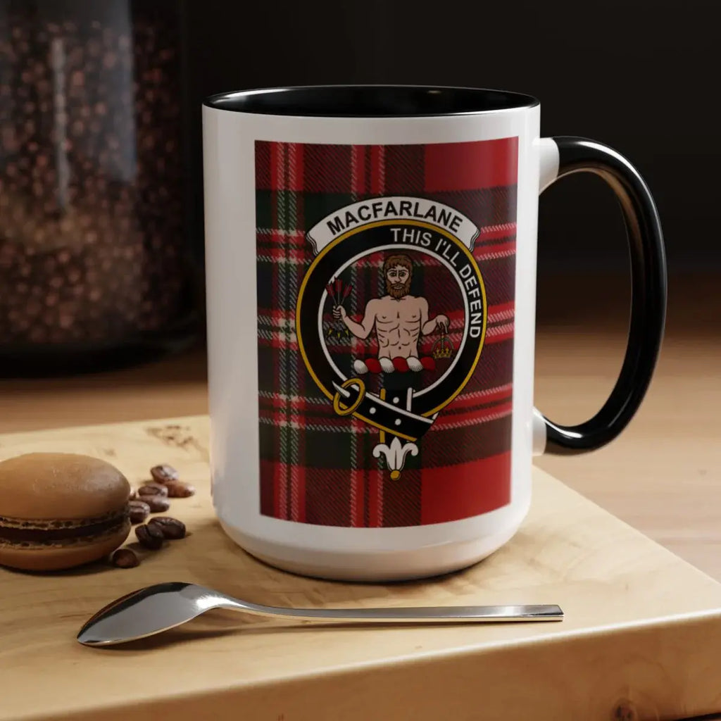 MacFarlane This I'll Defend clan crest mug — 11oz ceramic with heraldic design