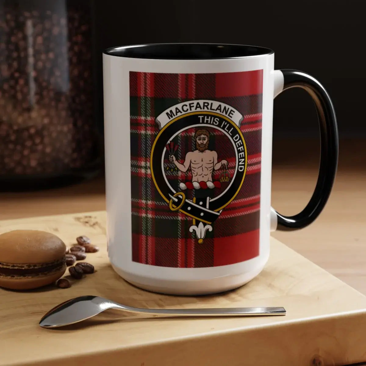 MacFarlane This I'll Defend clan crest mug — 11oz ceramic with heraldic design