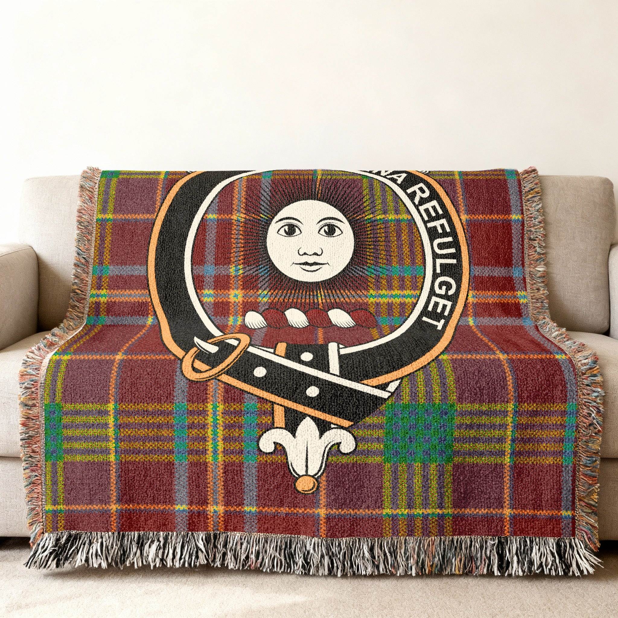 Pitcairn tartan crest heirloom woven blanket — colourful plaid design, 52" x 37"