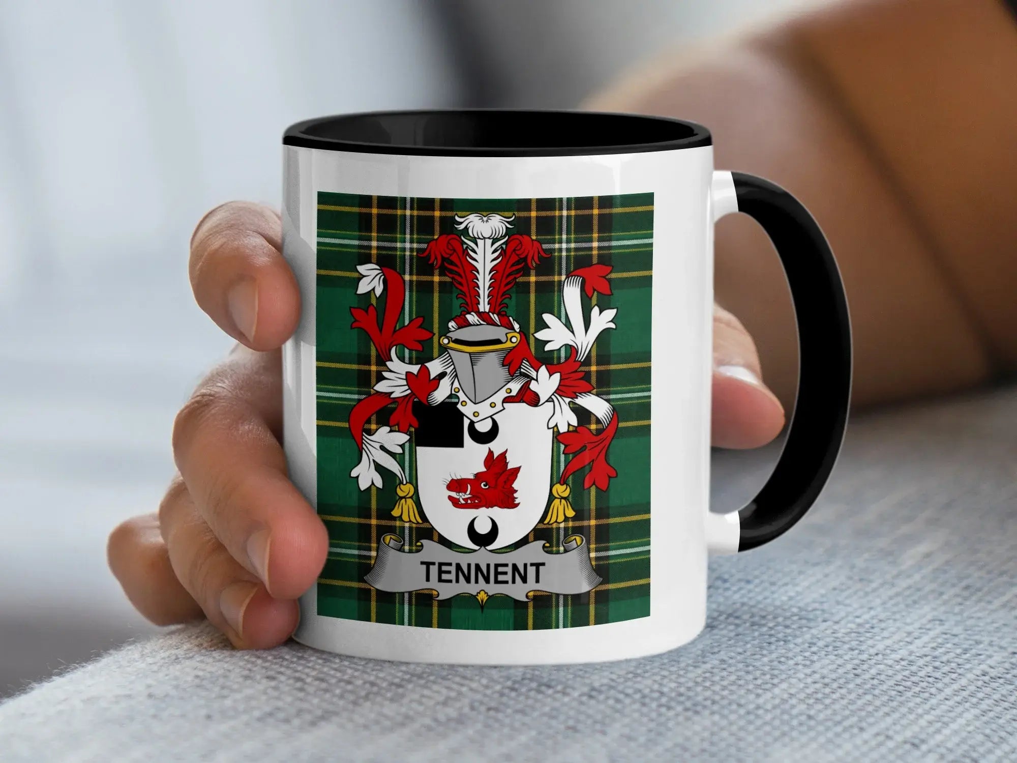 Mug with green tartan pattern and "TENNENT" family crest.