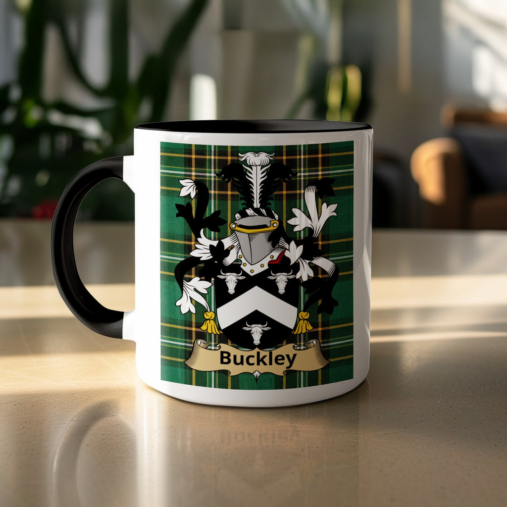 Buckley family crest on Irish National Tartan mug — white ceramic, black handle