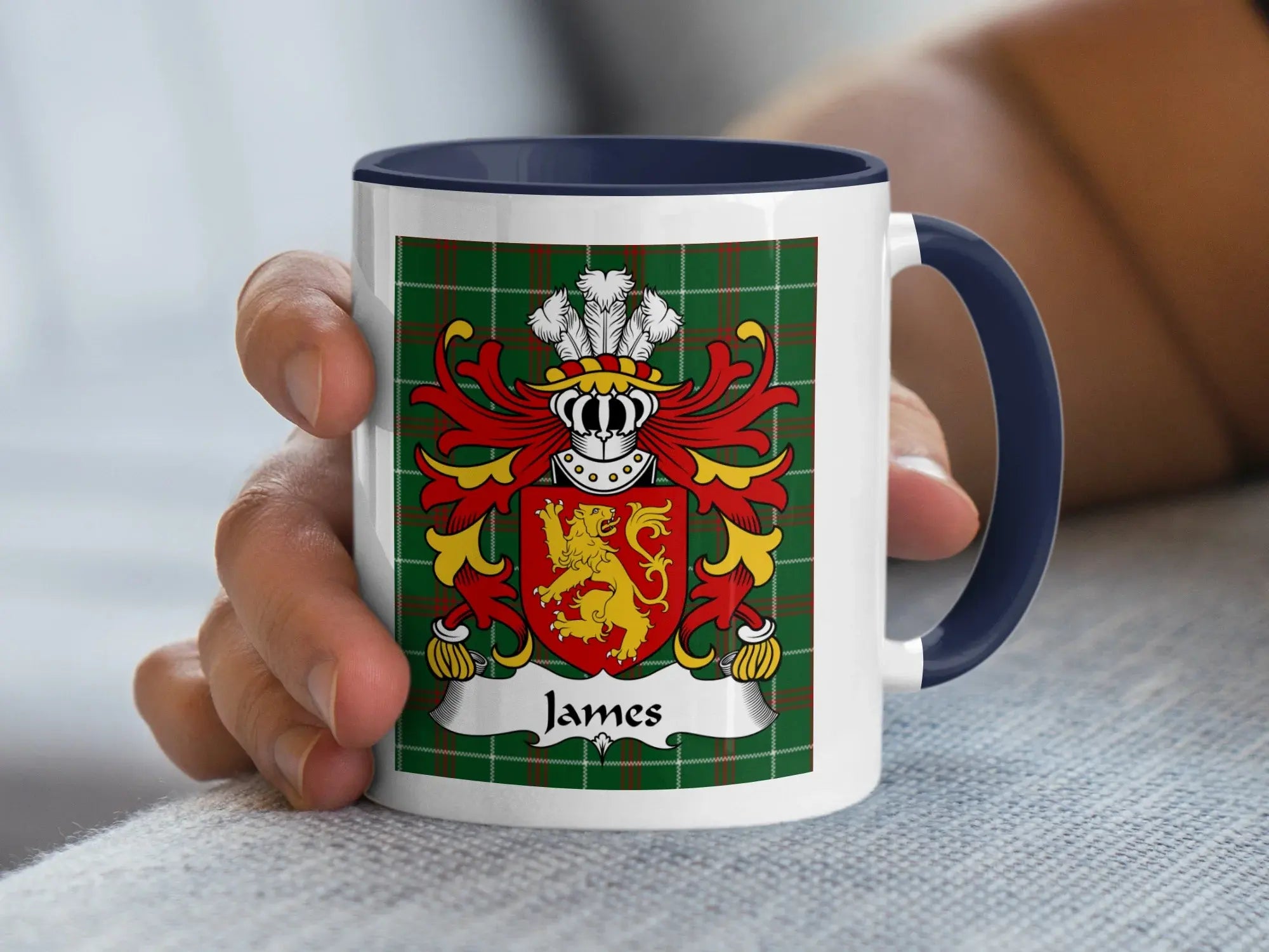 James Welsh family crest mug with navy accent and lion coat of arms on tartan