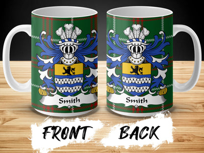 Smith Surname Coat of Arms on Welsh Tartan Background Mug - Living Stone Gifts