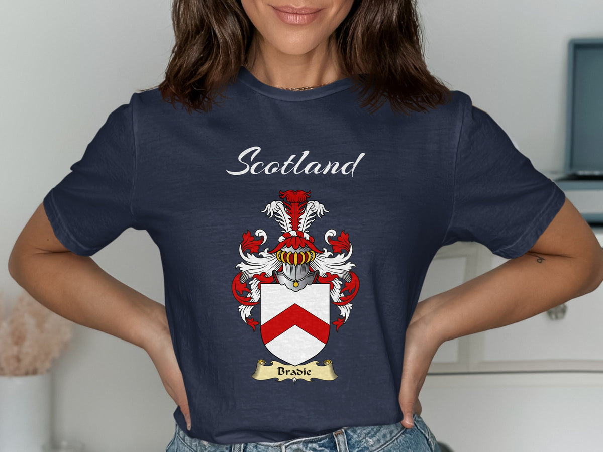 Bradie Scottish family shield design on Navy T-shirt