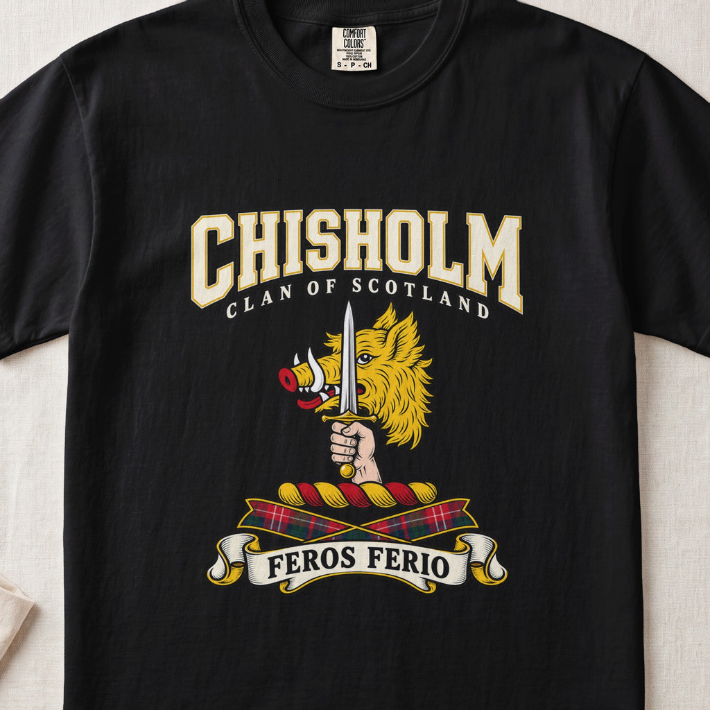 Chisholm Scottish clan graphic T-shirt in Black, front view