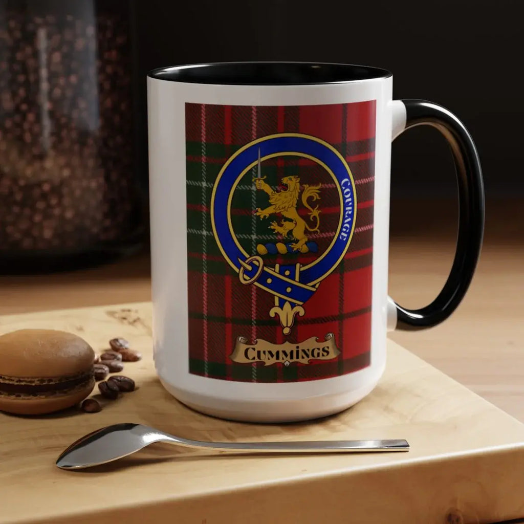 Close-up of the Cummings clan crest printed on a ceramic mug