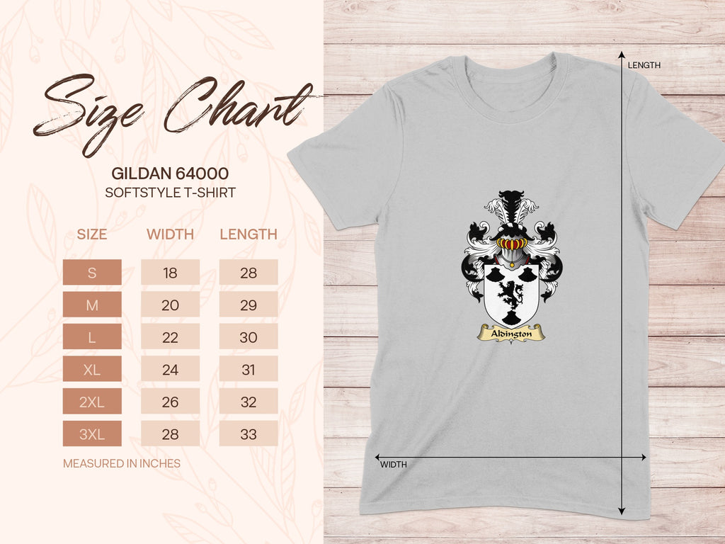 Gildan 64000 size chart for the Aldington unisex T-shirt, sizes S to 3XL