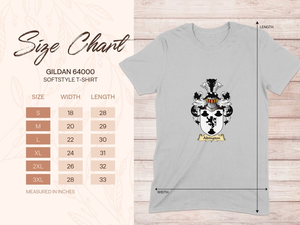 Gildan 64000 size chart for the Aldington unisex T-shirt, sizes S to 3XL