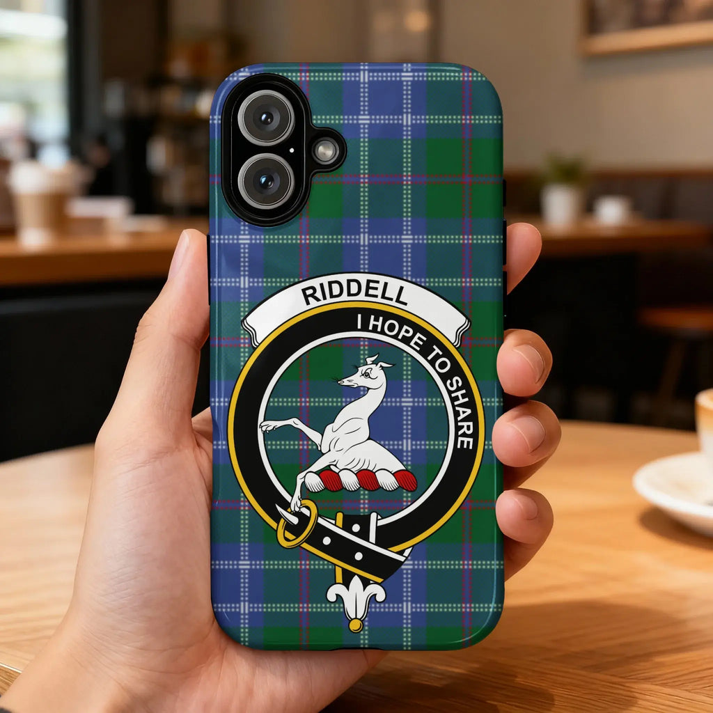 Clan Riddell tartan phone case — full 3D wrap with I Hope to Share greyhound crest, glossy finish
